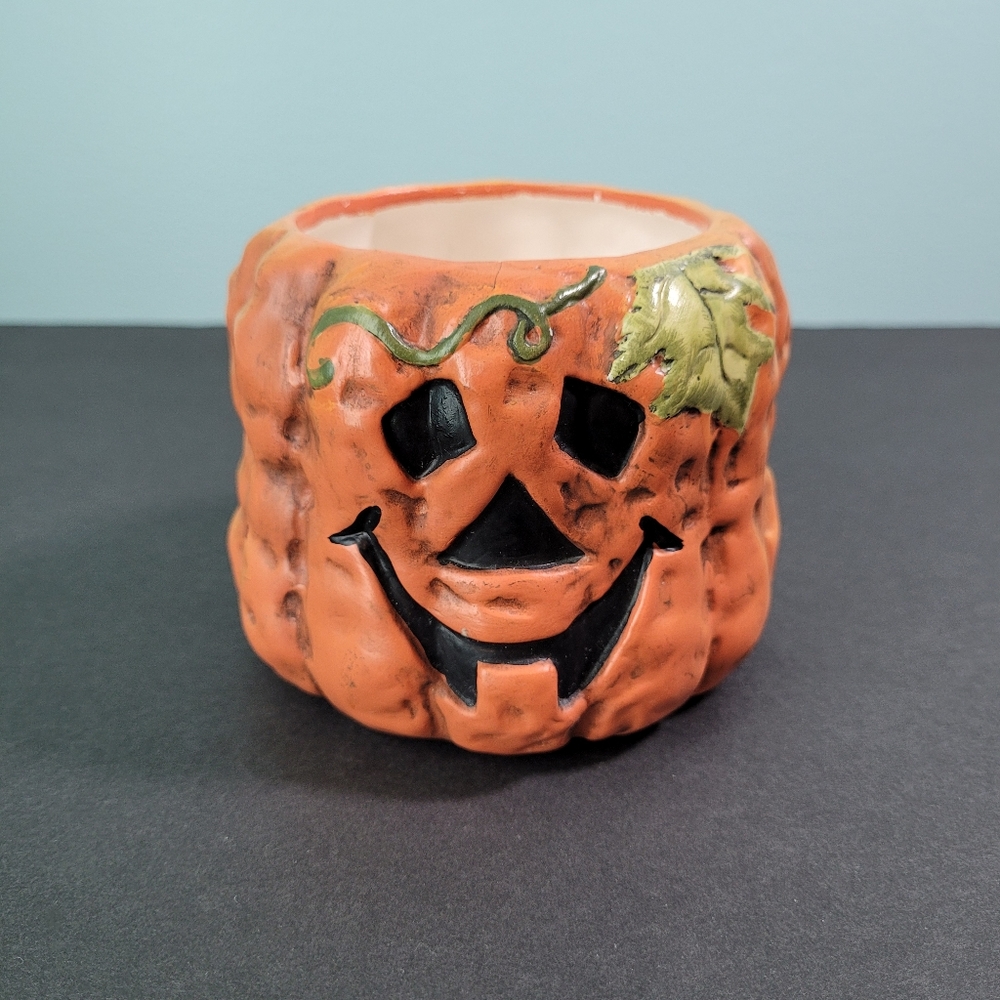 Ceramic Jack-O-Lantern Candle Holder Halloween 3.5" New Holland Floral VTG 1995